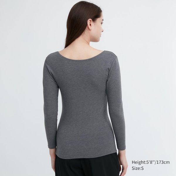 Uniqlo HEATTECH Cotton Scoop Neck Long-Sleeve Naisten T Paidat Tummanharmaat | 0792-XGZRN