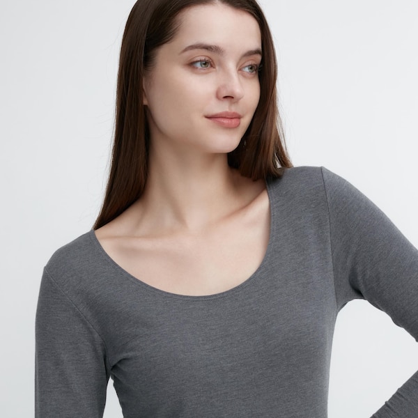 Uniqlo HEATTECH Cotton Scoop Neck Long-Sleeve Naisten T Paidat Tummanharmaat | 0792-XGZRN