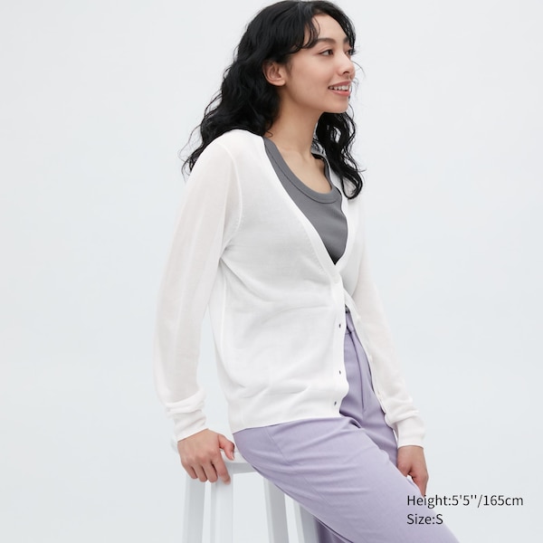 Uniqlo Light V-Neck Long-Sleeve Naisten Neuletakki Valkoinen | 1382-GAFST