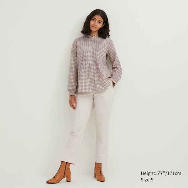 Uniqlo Pintuck Plaid Long-Sleeve Naisten Paidat Beige | 1275-WDPFE