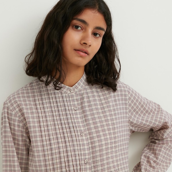 Uniqlo Pintuck Plaid Long-Sleeve Naisten Paidat Beige | 1275-WDPFE