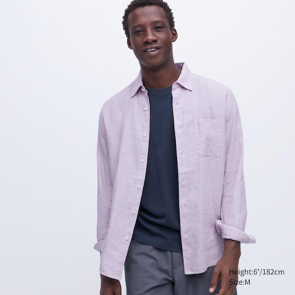 Uniqlo Premium Linen Long-Sleeve Miesten Paidat Violetit | 4396-DLVGQ