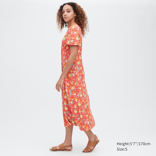 Uniqlo Printed V-Neck Short-Sleeve Flare Naisten Mekko Punainen | 5039-BXOIP