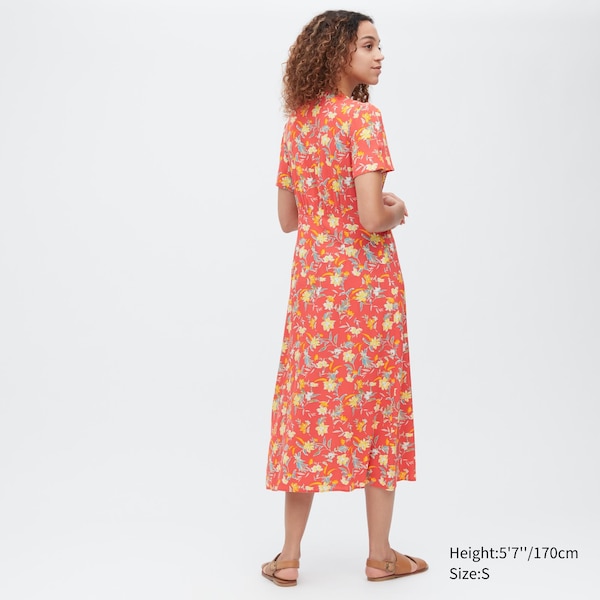 Uniqlo Printed V-Neck Short-Sleeve Flare Naisten Mekko Punainen | 5039-BXOIP