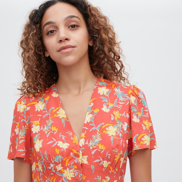 Uniqlo Printed V-Neck Short-Sleeve Flare Naisten Mekko Punainen | 5039-BXOIP