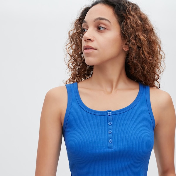 Uniqlo Ribbed Henley Neck Cropped Tank Naisten Topit Mustat | 8032-AFDHY