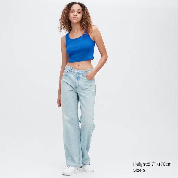 Uniqlo Ribbed Henley Neck Cropped Tank Naisten Topit Mustat | 8032-AFDHY