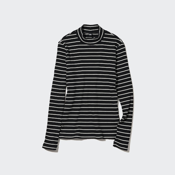 Uniqlo Ribbed Striped High Neck Long-Sleeve Naisten T Paidat Mustat | 1530-ZMATB