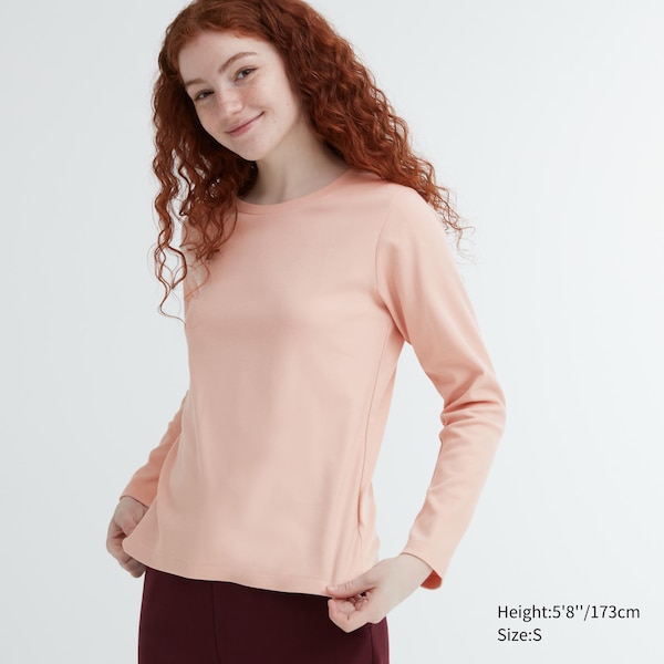 Uniqlo Smooth Stretch Cotton Crew Neck Long-Sleeve Naisten T Paidat Pinkki | 0735-RTUXE