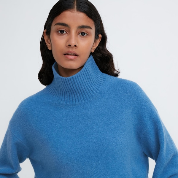 Uniqlo Souffle Yarn High Neck Long-Sleeve Naisten Neulepuserot Sininen | 0784-JTSRM