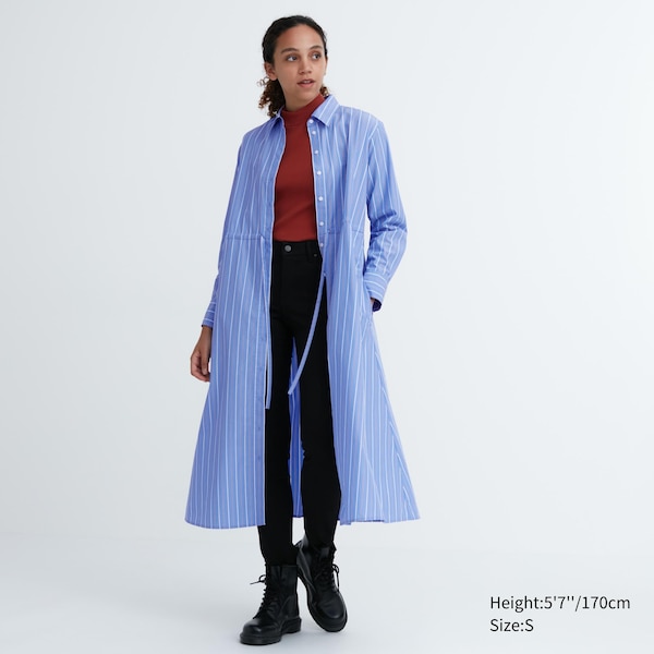 Uniqlo Striped Cotton Long-Sleeve Long Shirt Naisten Mekko Sininen | 0432-OJZAV