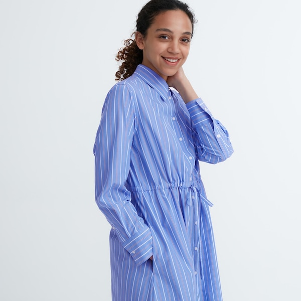 Uniqlo Striped Cotton Long-Sleeve Long Shirt Naisten Mekko Sininen | 0432-OJZAV