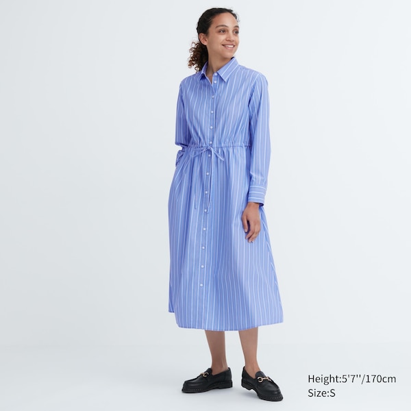 Uniqlo Striped Cotton Long-Sleeve Long Shirt Naisten Mekko Sininen | 0432-OJZAV