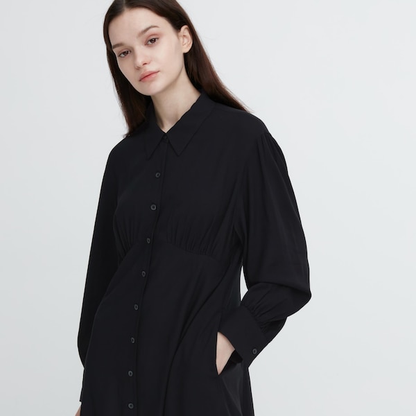 Uniqlo V-Neck Long-Sleeve Mini Shirt Naisten Mekko Mustat | 5874-UNKSW