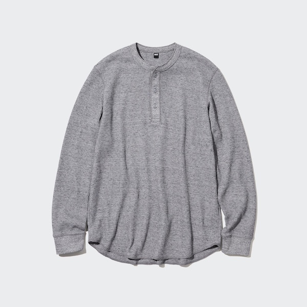 Uniqlo Waffle Henley Neck Long-Sleeve Miesten T Paidat Sininen | 6310-BMKAU