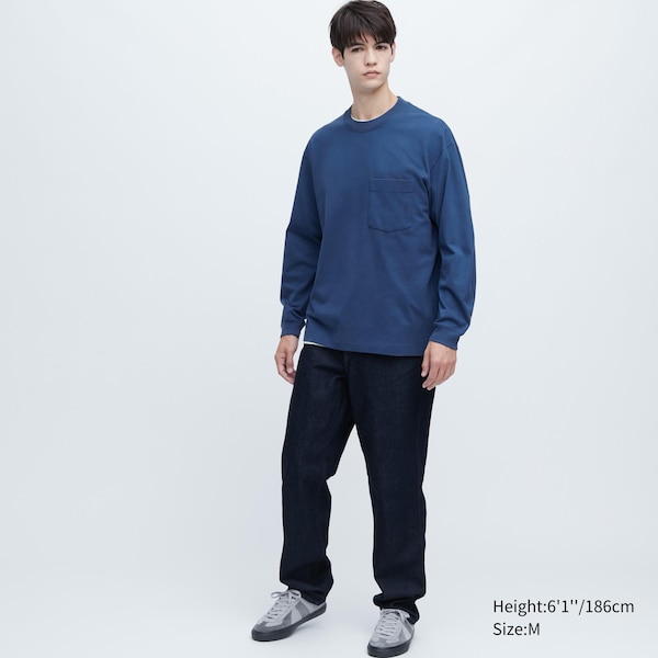 Uniqlo Washed Cotton Crew Neck Long-Sleeve Miesten Puserot Sininen | 9187-HJAGT