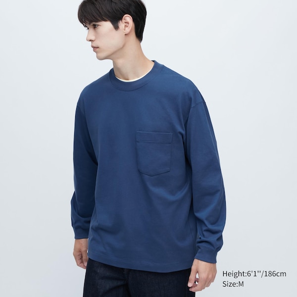 Uniqlo Washed Cotton Crew Neck Long-Sleeve Miesten Puserot Sininen | 9187-HJAGT