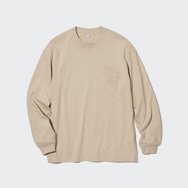 Uniqlo Washed Cotton Crew Neck Long-Sleeve Miesten T Paidat Beige | 8340-CPHOF