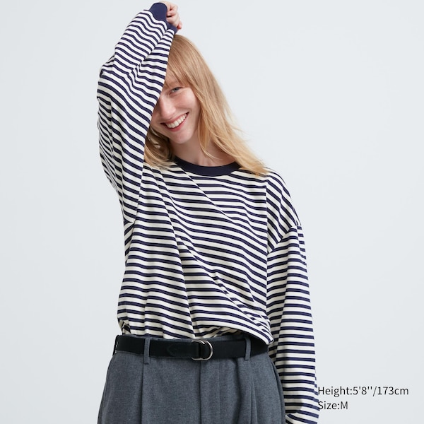 Uniqlo Washed Cotton Oversized Crew Neck Long-Sleeve Naisten T Paidat Sininen | 7853-FPULM