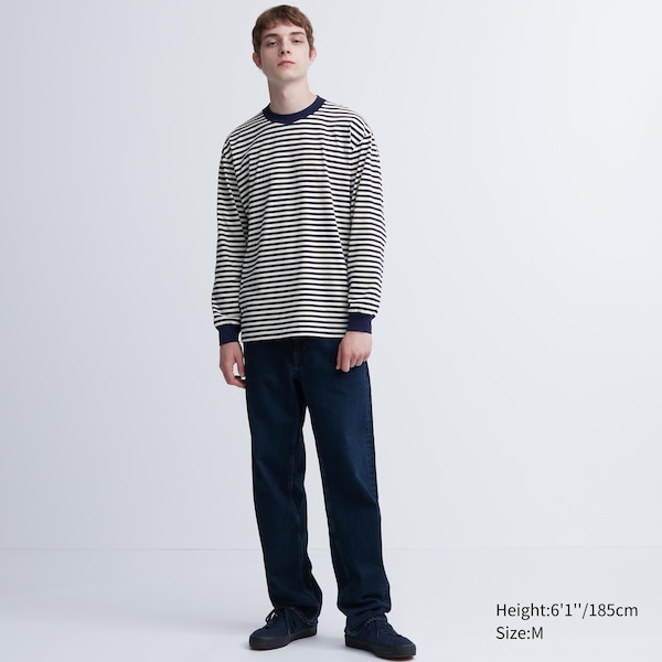 Uniqlo Washed Cotton Oversized Crew Neck Long-Sleeve Miesten T Paidat Sininen | 9157-TIHYX